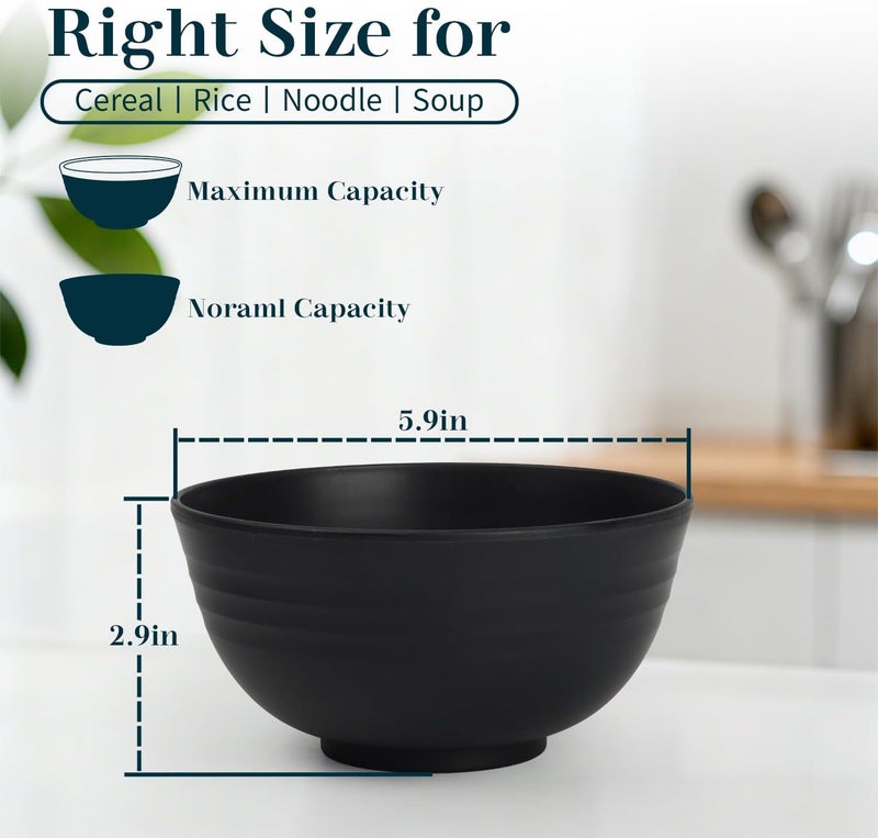 BUSOKIP Cereal Bowls 26 OZ, Unbreakable Wheat Straw Bowl 8 PCS, Reusable Plastic Bowl Set, Microwave and Dishwasher Safe Kitchen bowls for Serving, Dinner, Soup, Snack, Fruit - Black - Image 2