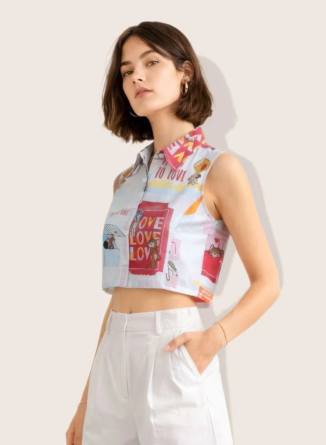 مرفوعة Women Relaxed Fit Character Round Neck Sleeveless Crop Shirt