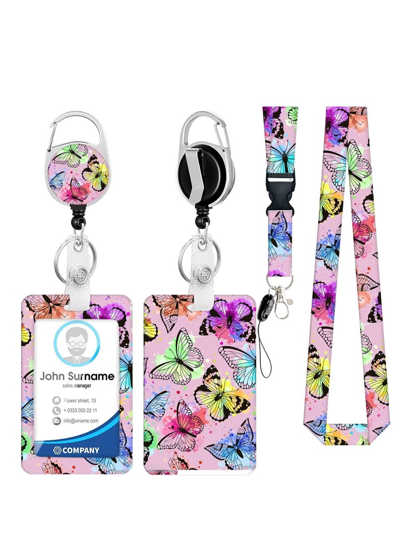 SYOSI ID Badge Holder with Lanyard and Retractable Reel Clip, Card Name Tag Vertical Protector Bage Clips for Nurse Nursing Doctor Teacher Student (Pink Butterfly) - Image 1