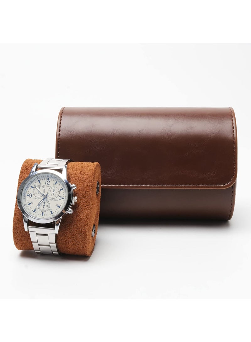 SYOSI Watch Box, SYOSI 2 Slots PU Leather Portable Wrist Watch Case Travel Round Roll Holder Jewelry Storage Box for Watch Bracelet Brown - Image 4