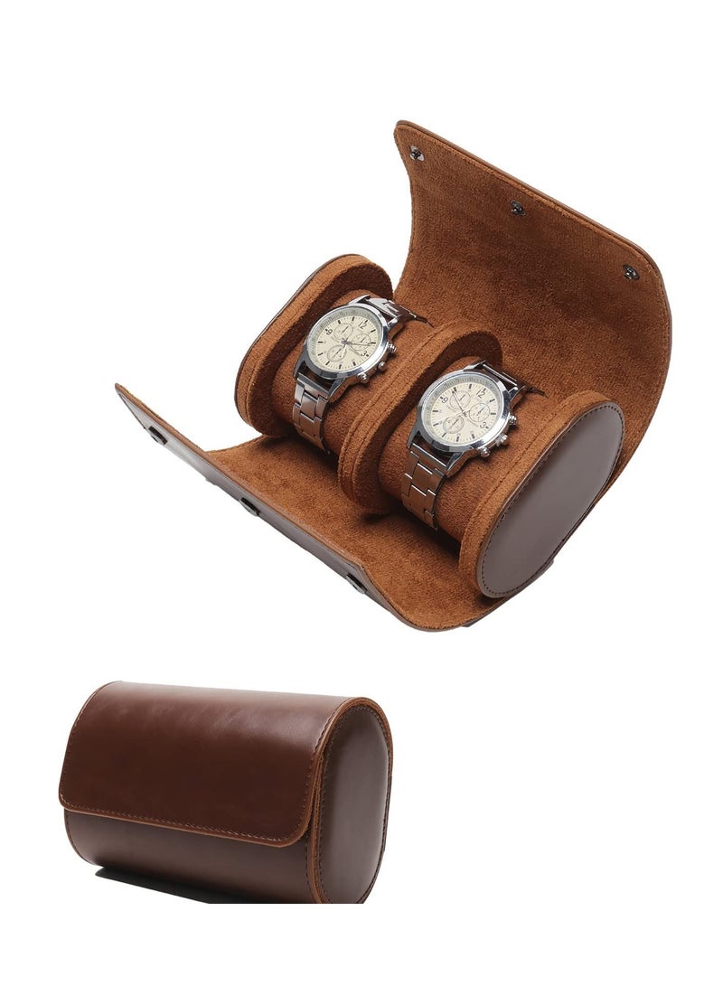 SYOSI Watch Box, SYOSI 2 Slots PU Leather Portable Wrist Watch Case Travel Round Roll Holder Jewelry Storage Box for Watch Bracelet Brown - Image 2