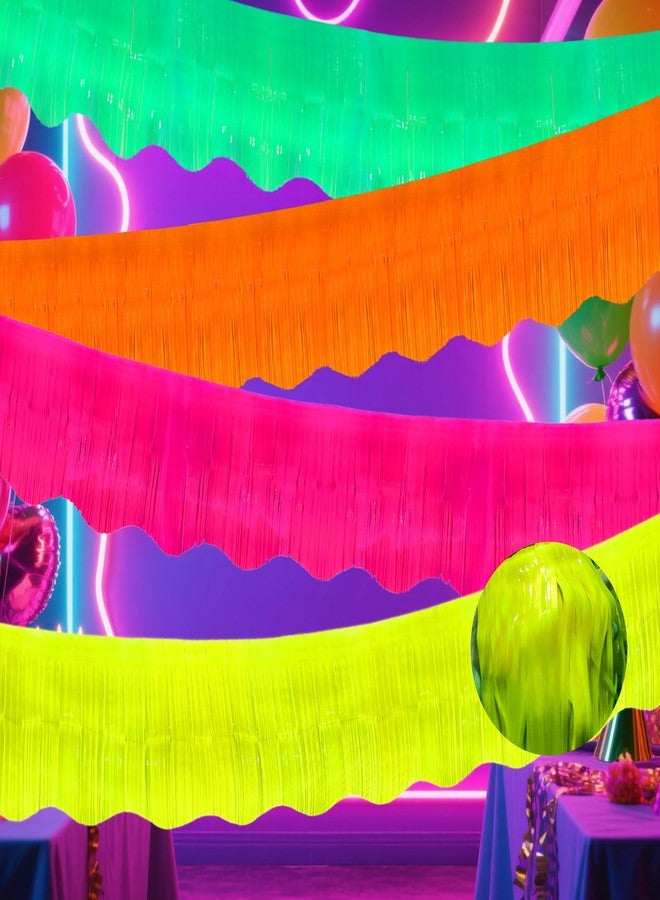 TFengfly 4 Packs 39 Ft Glow in The Dark Party Supplies Fringe Garland, Neon Macaron Parade Float Glow Tinsel Streamers Banner Table Skirts for for Birthday Holiday Neon Party (Green,Fuchsia,Yellow,Orange) - Image 1