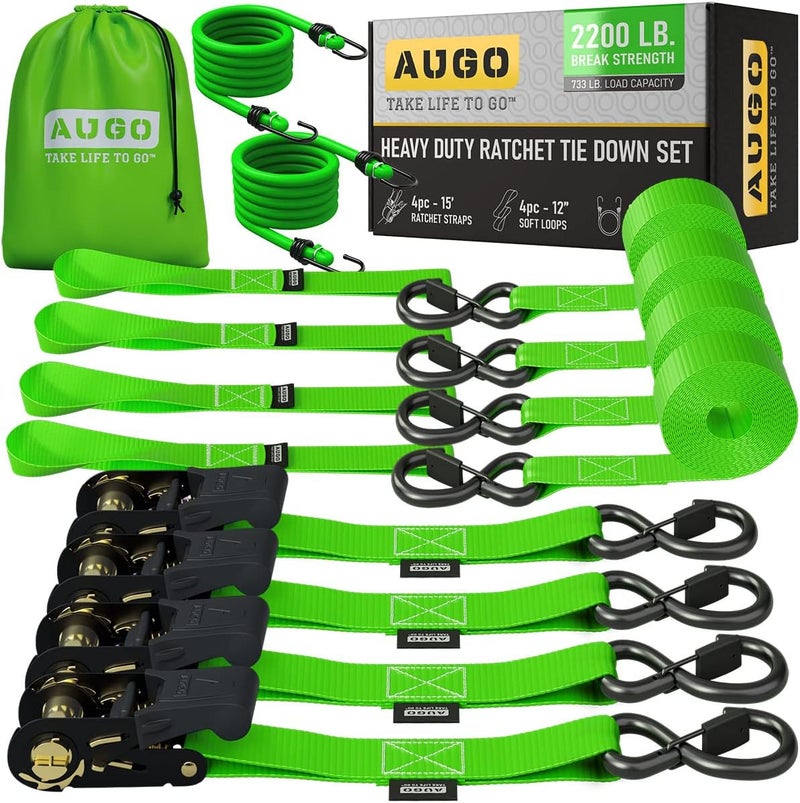 AUGO Heavy Duty Ratchet Tie Down Set - 4 Pack, 15 FT, 2,200 LB Break Strength with Bungee Cords and Soft Loops - Image 1