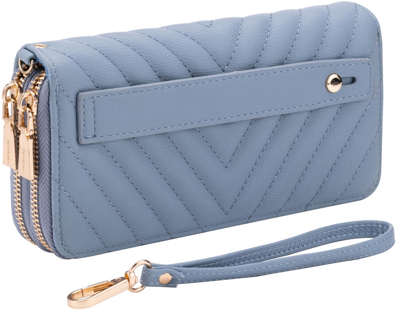 B BRENTANO Vegan Leather Double Zipper Pocket Wallet with Grip Hand Strap Chevron Embroidered Blue - Image 2