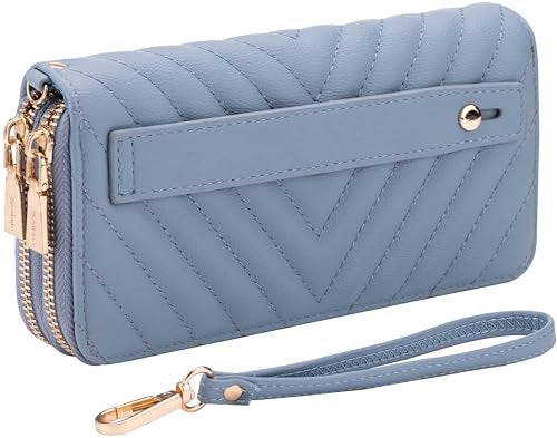 B BRENTANO Vegan Leather Double Zipper Pocket Wallet with Grip Hand Strap Chevron Embroidered Blue - Image 1