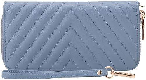 B BRENTANO Vegan Leather Double Zipper Pocket Wallet with Grip Hand Strap Chevron Embroidered Blue - Image 3