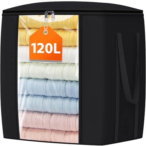 TasticTotes 120L Extra Large Clothes Storage Bags, Foldable Blanket Storage and Organization, Thick Fabric Containers with Reinforced Handles & Zippers for Clothing, Comforters, Bedding, Black, 1 Pack - Image 1