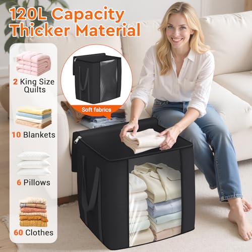 TasticTotes 120L Extra Large Clothes Storage Bags, Foldable Blanket Storage and Organization, Thick Fabric Containers with Reinforced Handles & Zippers for Clothing, Comforters, Bedding, Black, 1 Pack - Image 3