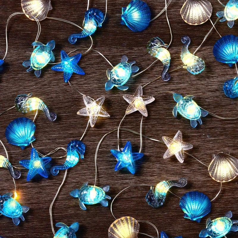 Zhanmai Zhanmai 2 Pcs Ocean Decor String Lights for Bedroom Nautical Theme Seashell Seahorse Conch 10ft 30 LED Battery Operated String Lights for Xmas Tree Ornaments Birthday Holiday Party Decor