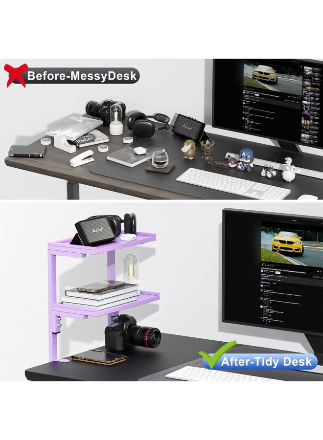 OUTIOE 2-Tier Desk Shelf, Expandable Under Desk Storage, Clamp on Desk Shelf, Desktop Accessories for Offices, Study Rooms, and Game Rooms (Purple) - Image 2