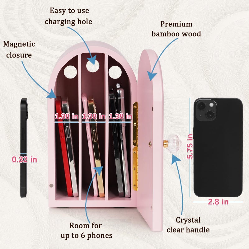 Lzttyee Phone Box for Family Time, Bamboo Cell Phone Jail, 3 Sections Hold 6 Phones, with Charging Holes, Phone Holder Self-Discipline Box, Help Kids Adults Focus Back, Mobile Phone Addiction (Pink) - Image 2