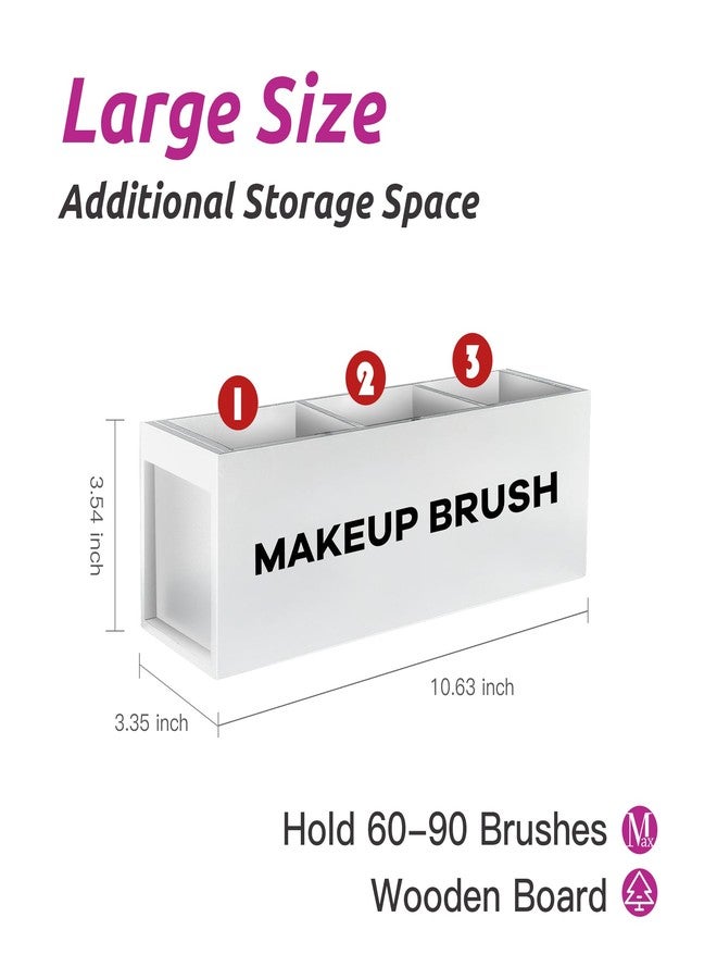 Suli Large Makeup Brush Holder Organizer, Wooden Cosmetic Brushes Storage with 3 Slots, Eyeliners Display Case for Vanity Desktop Bathroom Countertop -White - Image 2