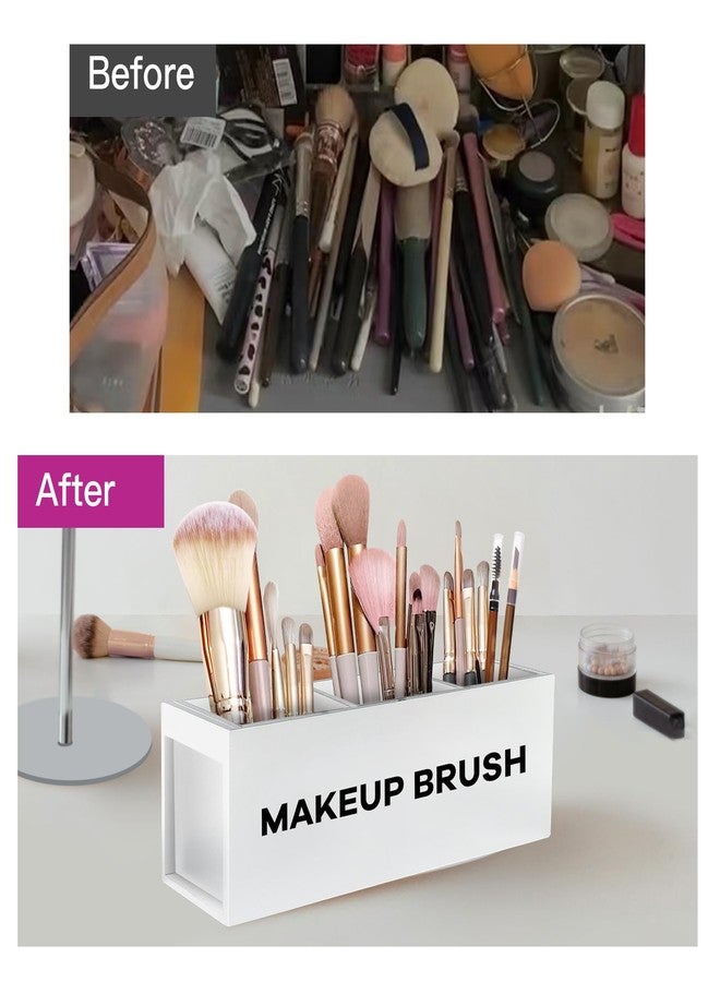Suli Large Makeup Brush Holder Organizer, Wooden Cosmetic Brushes Storage with 3 Slots, Eyeliners Display Case for Vanity Desktop Bathroom Countertop -White - Image 3