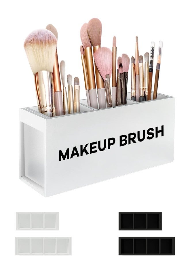 Suli Large Makeup Brush Holder Organizer, Wooden Cosmetic Brushes Storage with 3 Slots, Eyeliners Display Case for Vanity Desktop Bathroom Countertop -White - Image 1