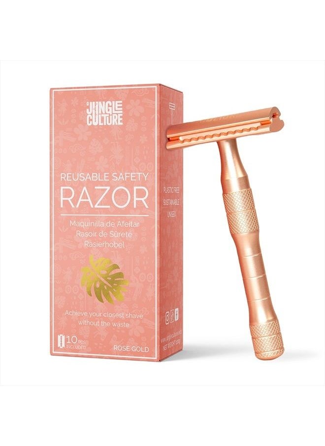 Jungle Culture - JUNGLE CULTURE Rose Gold Safety Razor with 10 Double Edge Blades • Reusable Razors for Women & Men • Single Blade Eco Razor • Plastic Free Metal Razor • US/UK Company - Image 1