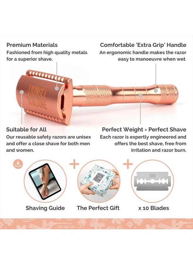 Jungle Culture - JUNGLE CULTURE Rose Gold Safety Razor with 10 Double Edge Blades • Reusable Razors for Women & Men • Single Blade Eco Razor • Plastic Free Metal Razor • US/UK Company - Image 1
