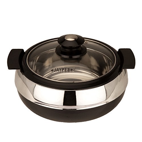 Jaypee Glasserol Serving Single Casserole Inner Stainless Steel Toughened Glass Lid PUF Insulated Hot Box for pulao Roti Box Small casserole Set Chapati Box Food Grade Stackable, 800 ml, Black - Image 1