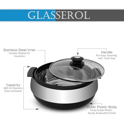 Jaypee Glasserol Serving Single Casserole Inner Stainless Steel Toughened Glass Lid PUF Insulated Hot Box for pulao Roti Box Small casserole Set Chapati Box Food Grade Stackable, 800 ml, Black - Image 3