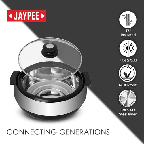 Jaypee Glasserol Serving Single Casserole Inner Stainless Steel Toughened Glass Lid PUF Insulated Hot Box for pulao Roti Box Small casserole Set Chapati Box Food Grade Stackable, 800 ml, Black - Image 4