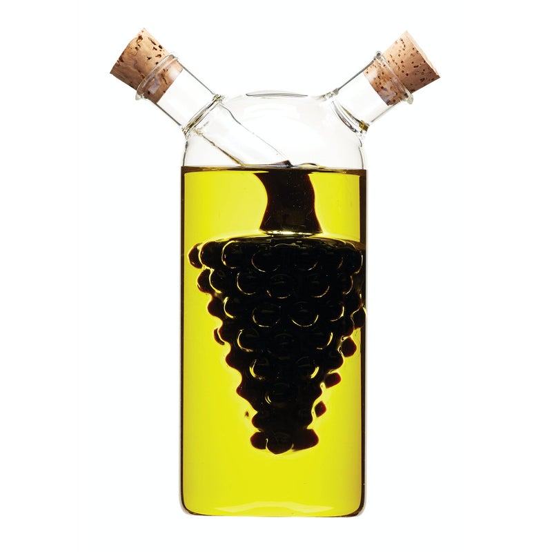 KitchenCraft World of Flavours Oil and Vinegar Dispenser Glass 2 in 1 Oil and Vinegar Bottle Cruet Bottle with Cork Stoppers Grapes Design 50  300 ml