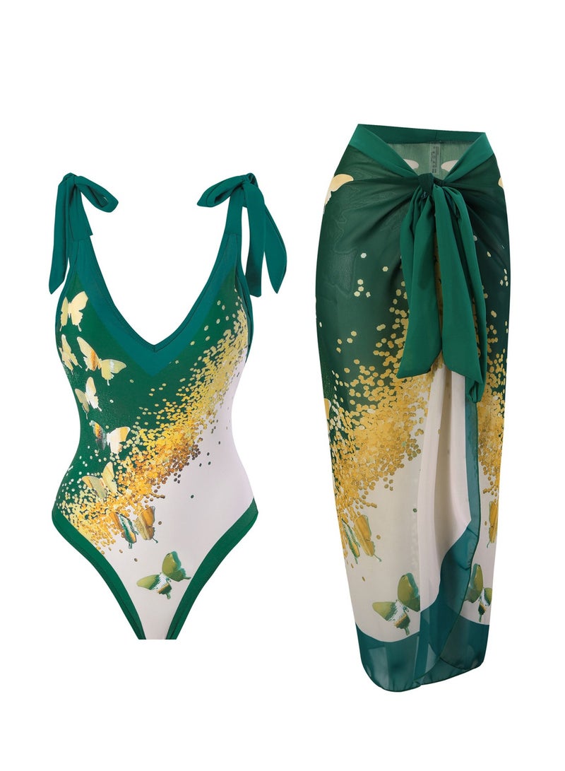 2pcs one piece swimsuit lace up swimsuit maxi skirt swimsuit set  - Image 1