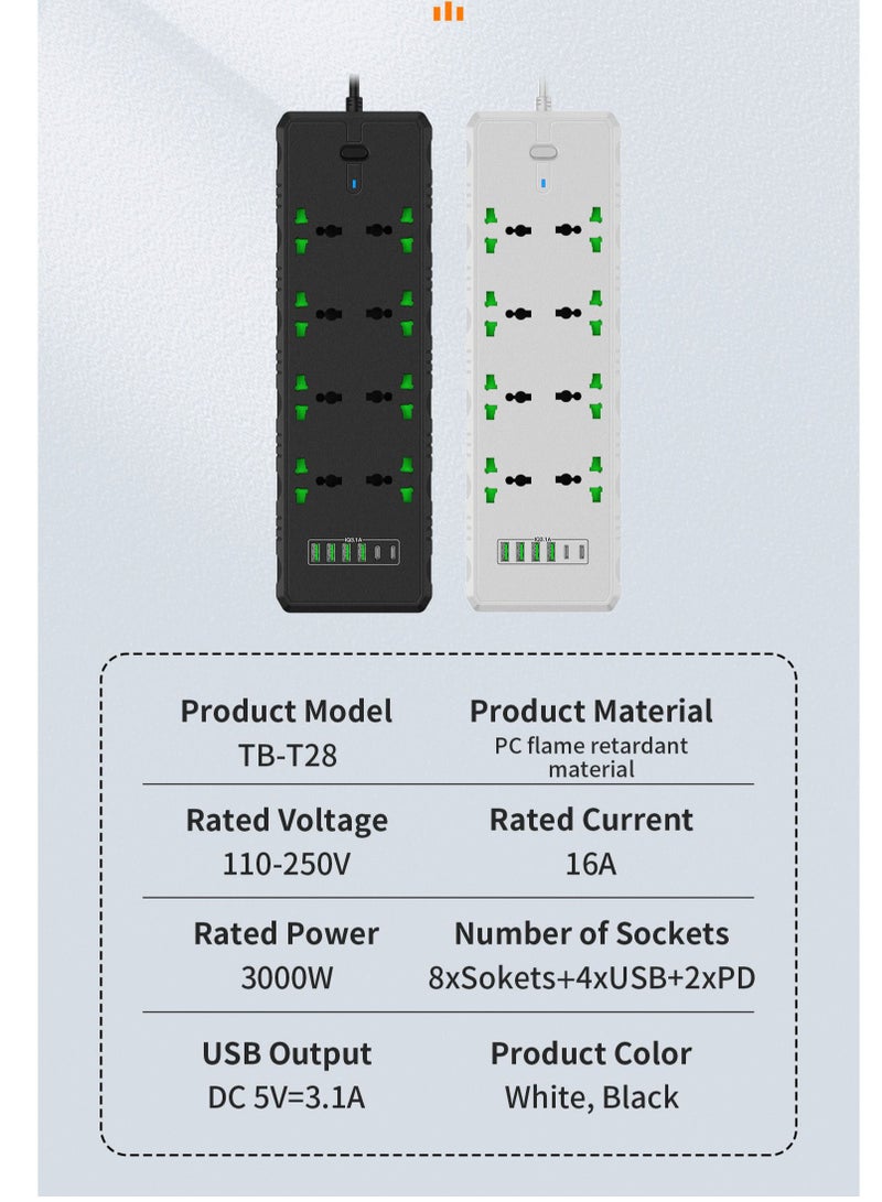 GULFLINK Power Extension Cord 2 Meter Cable With 8 Power Socket 4 USB 2 PD Power Strip Black - Image 2