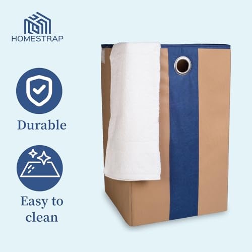Homestrap Non Woven Foldable 68 Ltrs Laundry Bag/Storage Basket/Bin with Lid and Handle for Washing Clothes, Baby Toys Box, Dirty Dress (Beige & Navy Blue) - Image 3