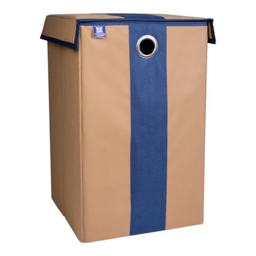 Homestrap Non Woven Foldable 68 Ltrs Laundry Bag/Storage Basket/Bin with Lid and Handle for Washing Clothes, Baby Toys Box, Dirty Dress (Beige & Navy Blue) - Image 1