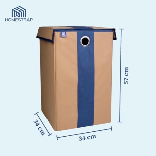 Homestrap Non Woven Foldable 68 Ltrs Laundry Bag/Storage Basket/Bin with Lid and Handle for Washing Clothes, Baby Toys Box, Dirty Dress (Beige & Navy Blue) - Image 2