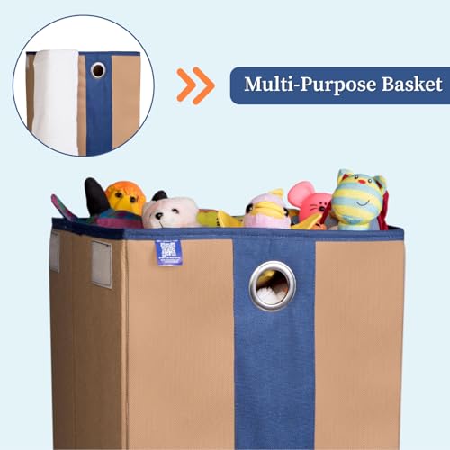 Homestrap Non Woven Foldable 68 Ltrs Laundry Bag/Storage Basket/Bin with Lid and Handle for Washing Clothes, Baby Toys Box, Dirty Dress (Beige & Navy Blue) - Image 4