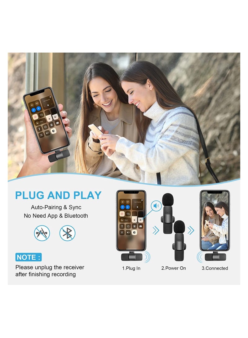 Wireless Lavalier Microphone for iPhone iPad, Plug-Play Wireless Mic for Recording, Live Stream, YouTube, TikTok, Facebook, Noise Reduction Auto