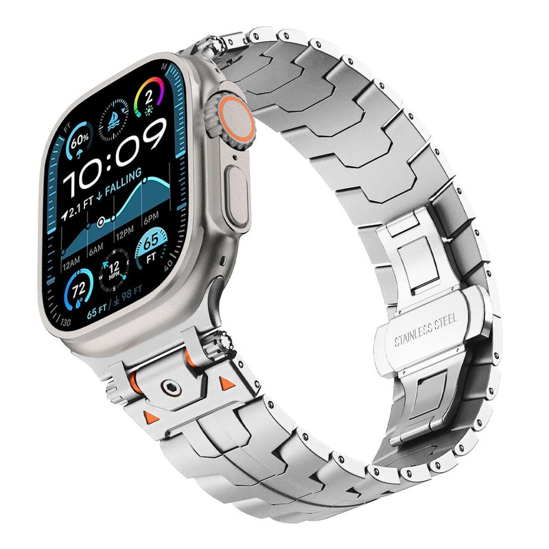 For Apple Watch 46mm / 49mm / 45mm / 44mm Stainless Steel Iron Man Butterfly Buckle Metal Watch Band(Silver)