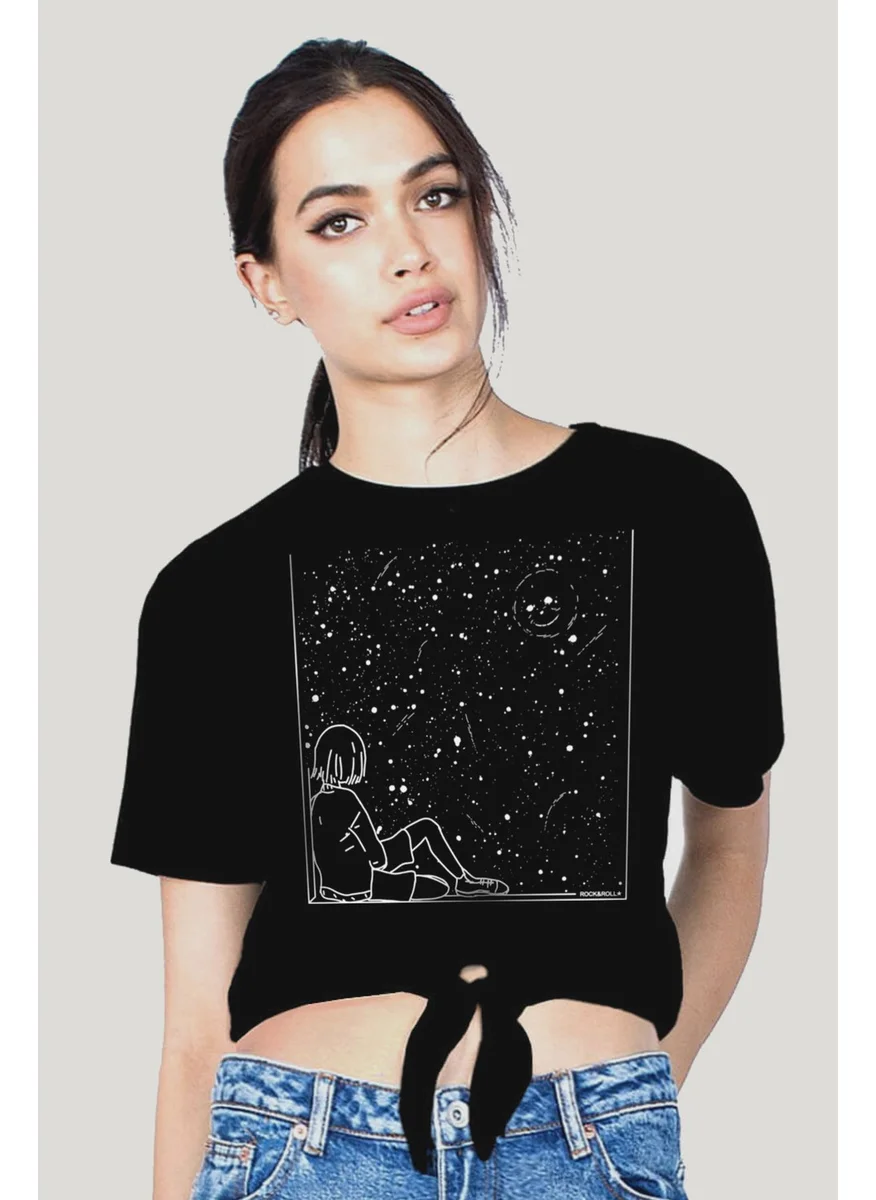 Rock&Roll Universal Smile Black Cut Crop Top Tied Women's T-Shirt