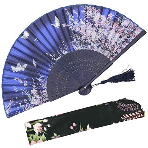 OMyTea Women Hand Held Silk Folding Fan with Bamboo Frame  with a Fabric Sleeve for Protection for Gifts  Sakura Cherry Blossom Pattern WZS1