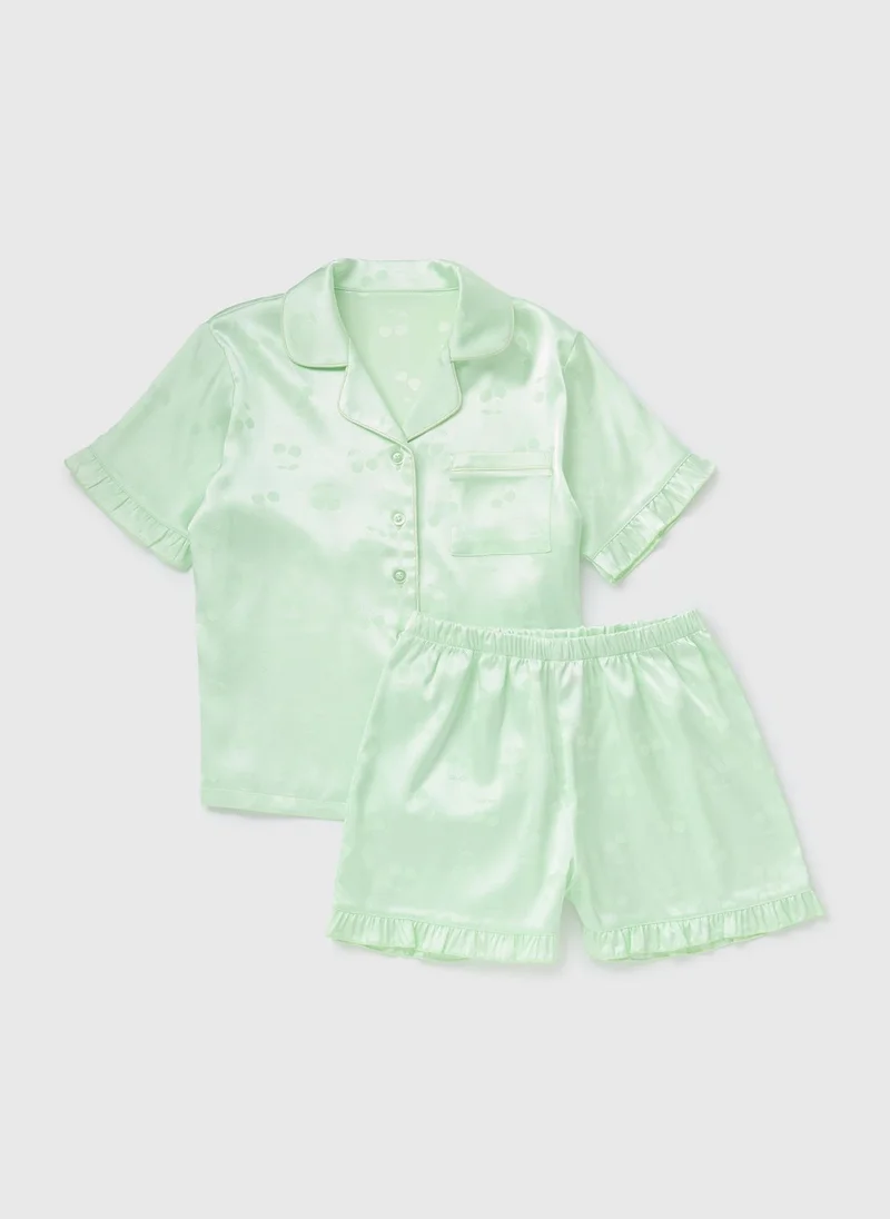 Matalan Girls Green Cherry Satin Pyjama Set