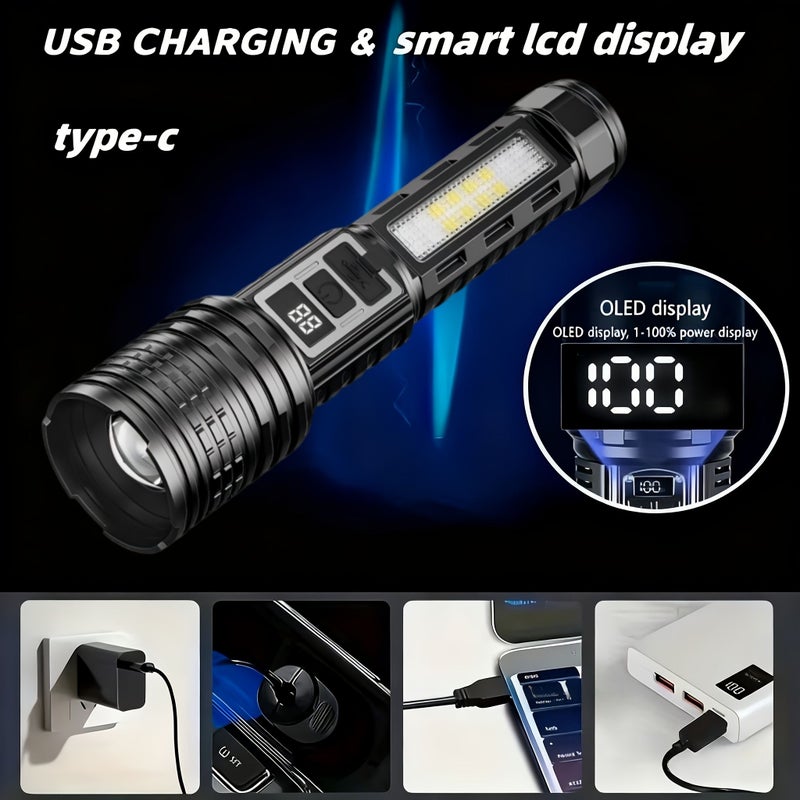 1 قطعة كشاف LED شديد السطوع قابل لإعادة الشحن، مجموعة كشافات متعددة الوظائف مع 7 أوضاع، إضاءة جانبية COB، وميض أحمر وأزرق، شاشة رقمية، تكبير متغير، واجهة نوع C، للطوارئ والتخييم، هدية عيد ميلاد. - Image 5