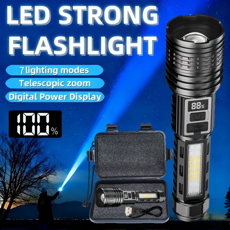 1 قطعة كشاف LED شديد السطوع قابل لإعادة الشحن، مجموعة كشافات متعددة الوظائف مع 7 أوضاع، إضاءة جانبية COB، وميض أحمر وأزرق، شاشة رقمية، تكبير متغير، واجهة نوع C، للطوارئ والتخييم، هدية عيد ميلاد. - Image 1
