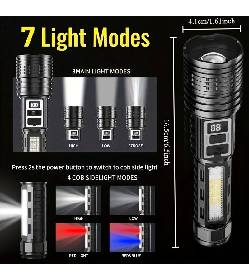 1 قطعة كشاف LED شديد السطوع قابل لإعادة الشحن، مجموعة كشافات متعددة الوظائف مع 7 أوضاع، إضاءة جانبية COB، وميض أحمر وأزرق، شاشة رقمية، تكبير متغير، واجهة نوع C، للطوارئ والتخييم، هدية عيد ميلاد. - Image 3