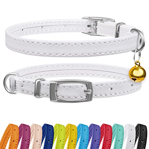 CollarDirect Leather Cat Collar with Bell - Kitten Collar, Small and Big Cat Collar for Boy Cats, Girl Cats with Safety Elastic Strap (Neck Fit 6"-7", White) - Image 1