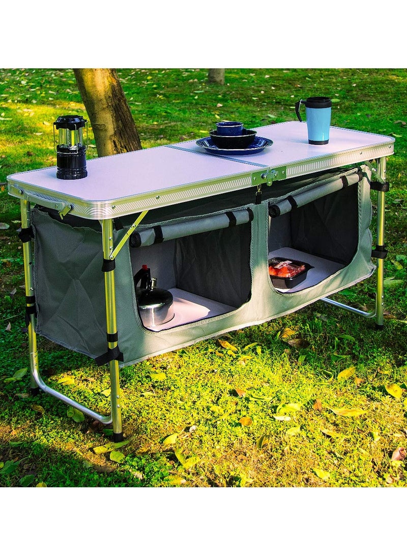 شو وو طاولة مطبخ للتخييم، محطة طهي للتخييم محمولة قابلة للطي من الألومنيوم مع منظم تخزين، 3 ارتفاعات قابلة للتعديل، تركيب سريع للنزهة والسفر على الشاطئ - Image 2