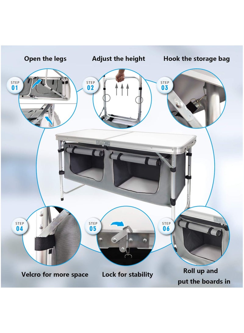 شو وو طاولة مطبخ للتخييم، محطة طهي للتخييم محمولة قابلة للطي من الألومنيوم مع منظم تخزين، 3 ارتفاعات قابلة للتعديل، تركيب سريع للنزهة والسفر على الشاطئ - Image 5
