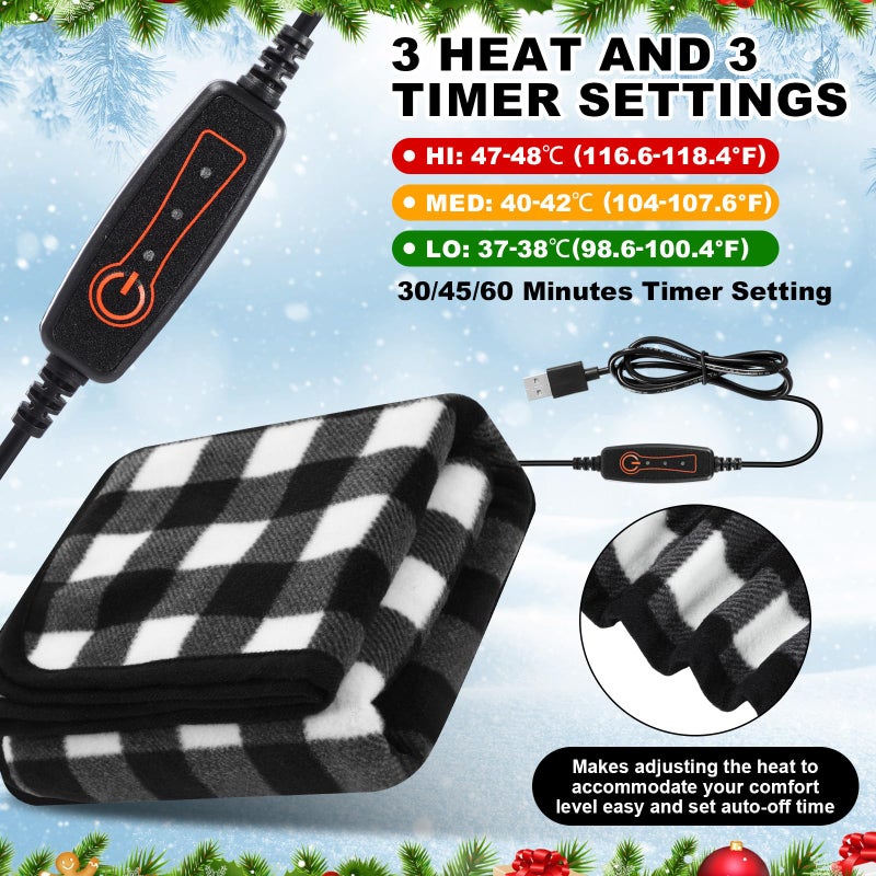 Tuanse 2 Pcs USB Heated Blanket 25"x35" Small Portable 5v 3 Setting Electric Blanket with Timer and Temperature Controller Winter Wearable Recharge Throw for Travel Home(Black and White Plaid) - Image 3
