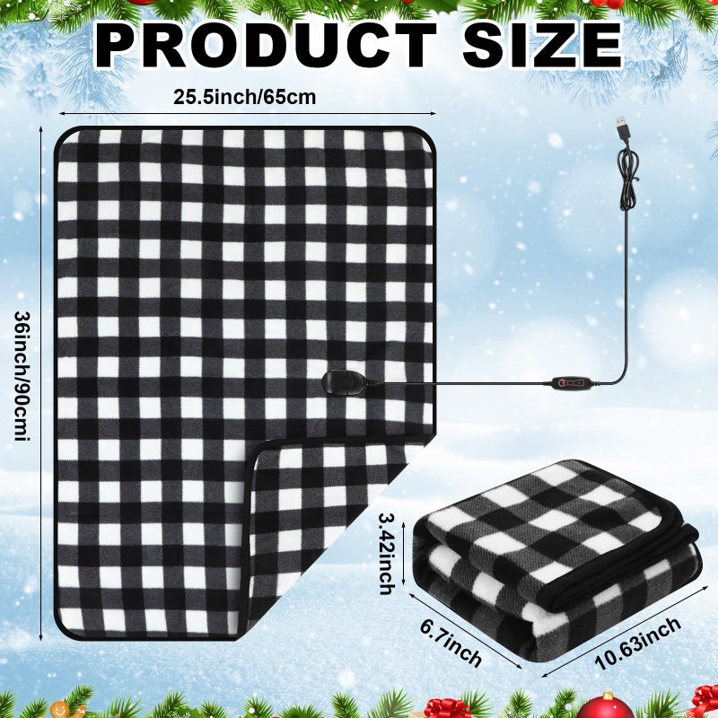 Tuanse 2 Pcs USB Heated Blanket 25"x35" Small Portable 5v 3 Setting Electric Blanket with Timer and Temperature Controller Winter Wearable Recharge Throw for Travel Home(Black and White Plaid) - Image 2