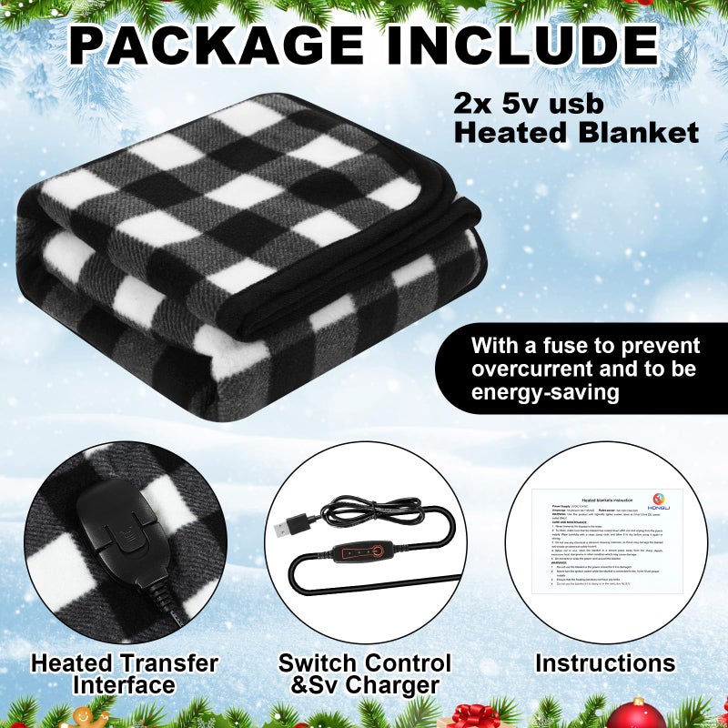 Tuanse 2 Pcs USB Heated Blanket 25"x35" Small Portable 5v 3 Setting Electric Blanket with Timer and Temperature Controller Winter Wearable Recharge Throw for Travel Home(Black and White Plaid) - Image 4