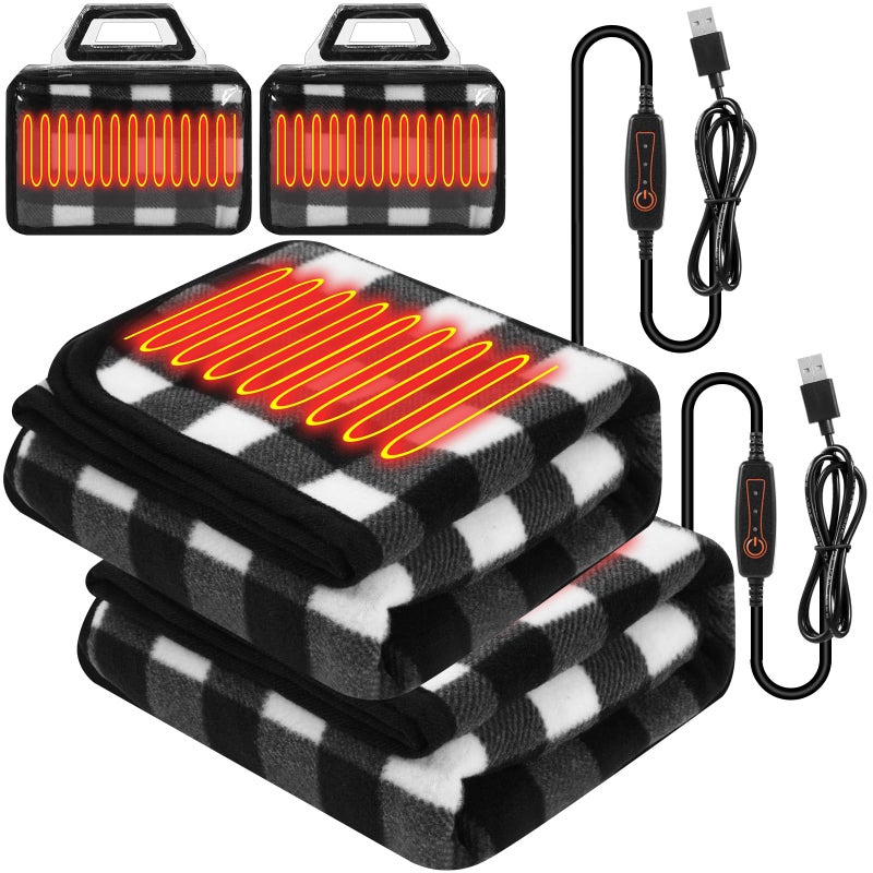 Tuanse 2 Pcs USB Heated Blanket 25"x35" Small Portable 5v 3 Setting Electric Blanket with Timer and Temperature Controller Winter Wearable Recharge Throw for Travel Home(Black and White Plaid) - Image 1
