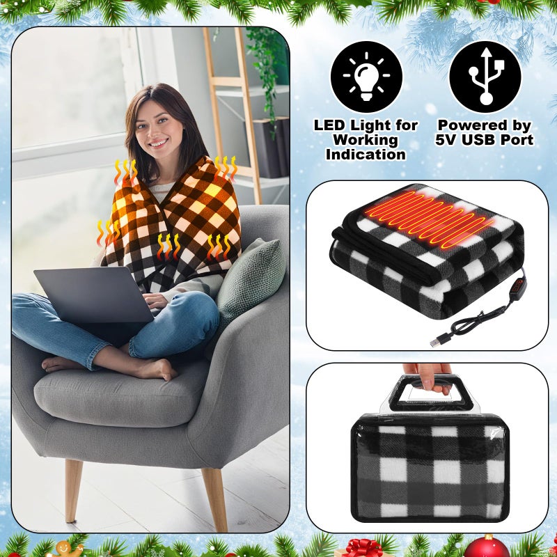Tuanse 2 Pcs USB Heated Blanket 25"x35" Small Portable 5v 3 Setting Electric Blanket with Timer and Temperature Controller Winter Wearable Recharge Throw for Travel Home(Black and White Plaid) - Image 5