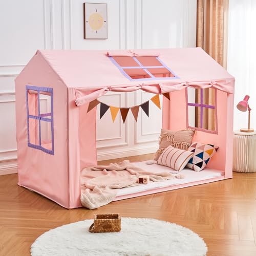 WANFASO Twin Bed Tent Indoor Bed Canopy Kids Tents for Girls with 2 Doors, Breathable Private Space Fort Tents for Kids Floor Bed (Twin, Pink) - Image 1