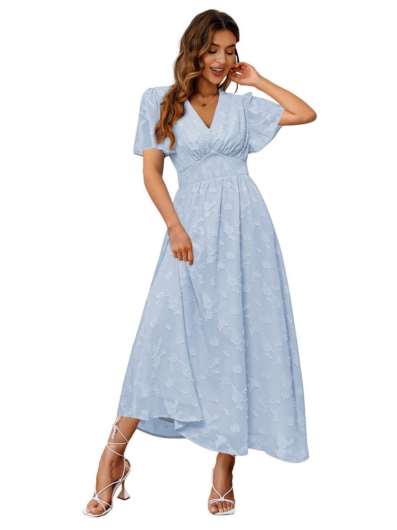 Simplee Apparel Simplee Women's Boho Floral V Neck Short Sleeve Formal Maxi Ruffle Dress Summer Long Flowy Lace Bridesmaid Wedding Party Evening Dress (XL Blue) - Image 1