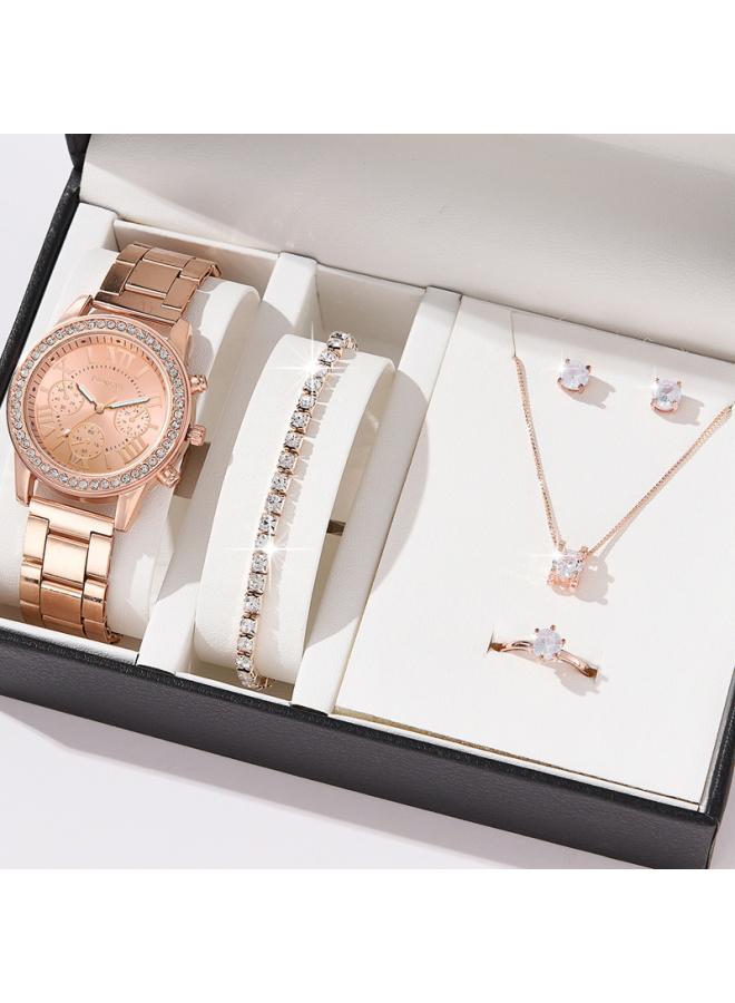 Steel Band Women's Watch Geneva Fake Three Eyes Women's Casual Korean Necklace Bracelet Ring Quartz Watch Set 