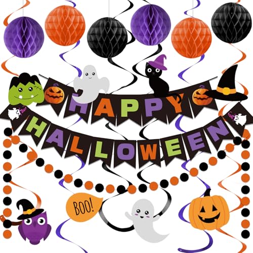 meowtastic Happy Halloween Banner Decorations Halloween Banner with Honeycomb Ball Hanging Swirl Streamer Circle Dot Garland Decorations for theme Party Decorations - Image 1